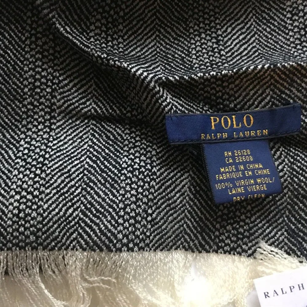 NEW Polo Ralph Lauren Wool Dress Scarf! Herringbone Creme & Black Fringe 15 x 77